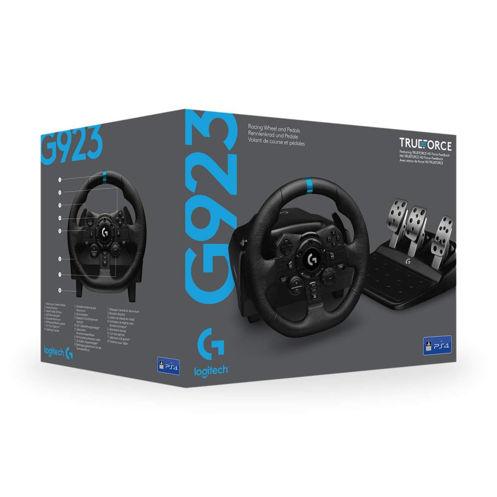 Logitech G923 True Force Racing Wheel and Pedals with 1000 Hz Force Feedback, Responsive Driving Design, Dual Clutch Launch Control, Genuine Leather Steering Wheel Cover for PS5, PS4, PC, Mac - Black