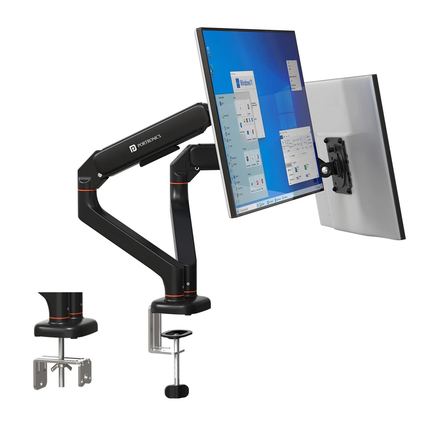 Portronics Aerolift Duo Dual Monitor Stand for Desk with Full Motion Arm | 360° Rotation &amp; Swivel &amp; Tilt | Height Adjustable Desk Table Mount | Universal VESA Bracket with C-Clamp | Fits 13-32 Inch Computer/LCD Screens (POR 3421)
