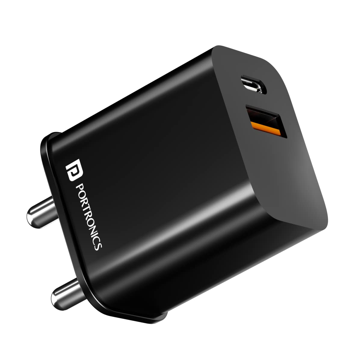 Portronics Adapto 20B 20W PD Charger with Fast Charging, Dual Ports Type C &amp; USB A Ports, Smart Protection Chip, Wide Compatibility - Black